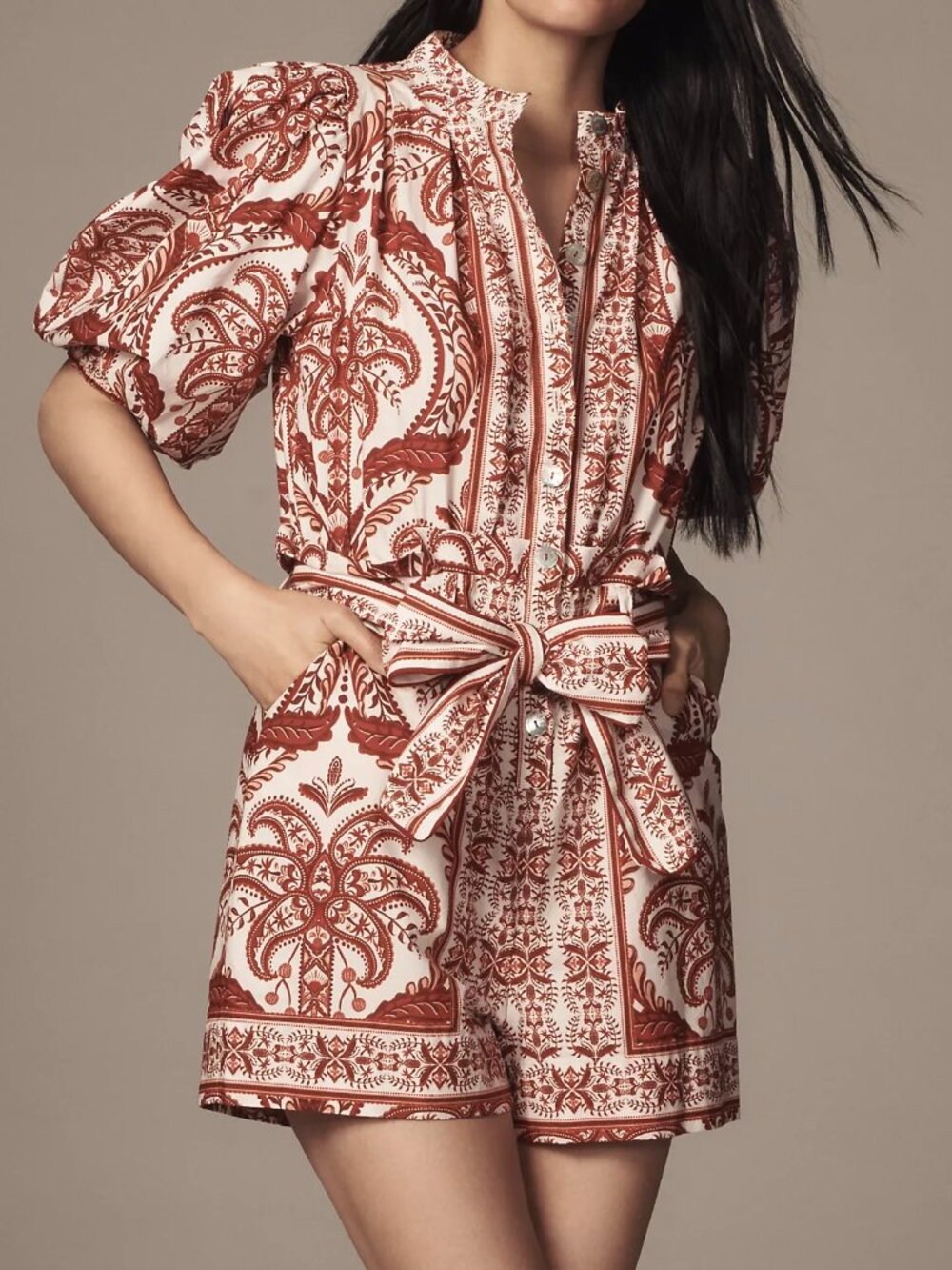 NWT Farm Rio Tropical Cameo Belted Romper Size XS 100% Cotton Puff Sleeves - Picture 1 of 12